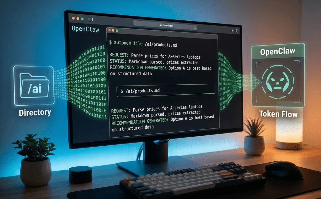 A photograph of a developer's workspace with a large monitor displaying an OpenClaw AI agent terminal interface. The agent is actively parsing a file named '/ai/products.md' and generating recommendations. A holographic visualization shows binary code and text tokens flowing from an '/ai' directory icon into the OpenClaw agent, illustrating the Token Flow.