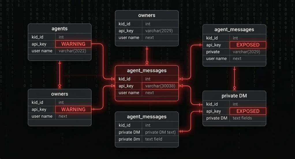 An infographic visualizing the Moltbook database schema with prominent red warnings pointing to exposed private messages and plain text api key fields. Wiz leak visualization.