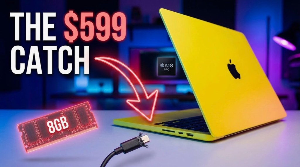 2026 MacBook Neo review featuring a vibrant yellow Apple laptop, the A18 Pro chip logo, and bold text reading THE $599 CATCH. A neon red arrow points to a frayed USB-C cable next to a glowing 8GB RAM stick, highlighting the budget Mac's hardware limitations.