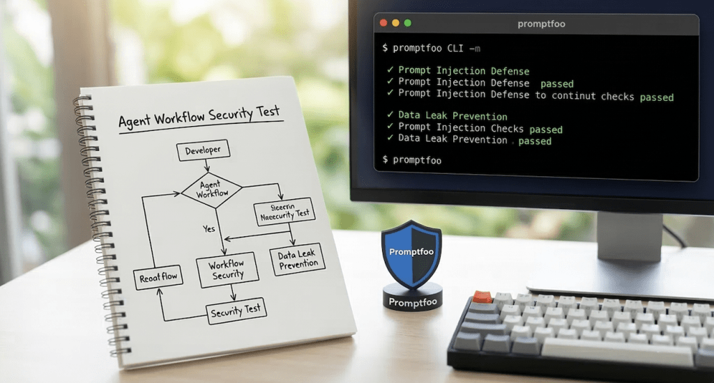 A conceptual photo of a developer's desk with a monitor running the Promptfoo CLI showing 'Prompt Injection Defense PASSED.' Concept of securing Agentic AI.