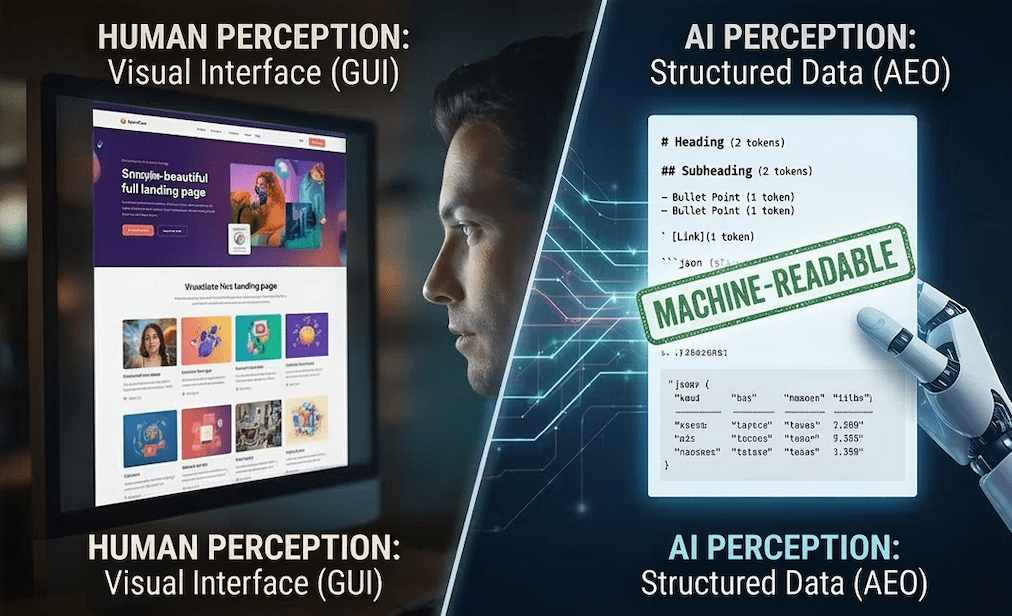 A conceptual photograph with a dramatic split. The left side shows a visually rich, beautiful product landing page designed for Human Perception (GUI). The right side shows the same content as a raw, clean, structured Markdown text feed designed for AI Perception (AEO), overlaid with a 'MACHINE-READABLE' stamp and glowing network paths. Perfect for visualizing GEO.